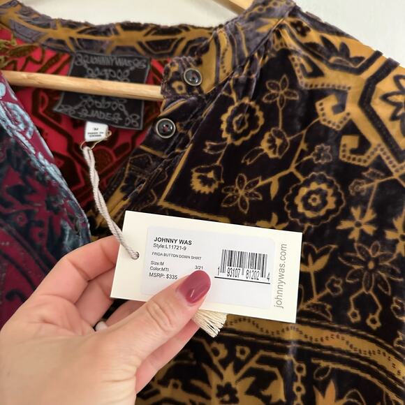 Johnny Was Frida Velvet Patterned Button Down Shirt Red/Yellow M - Picture 9 of 15